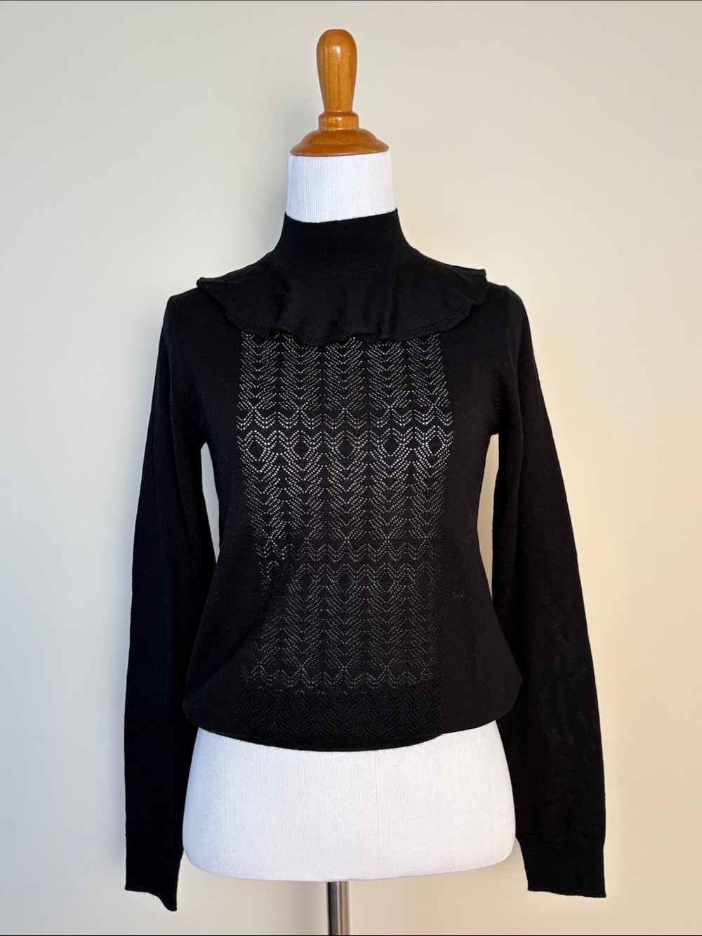 New J. Crew Black Merino Wool Ruffled Mock Neck Sweater
